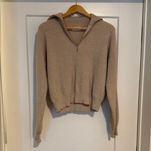 Marled Tan V-Neck Sweater with Zipper